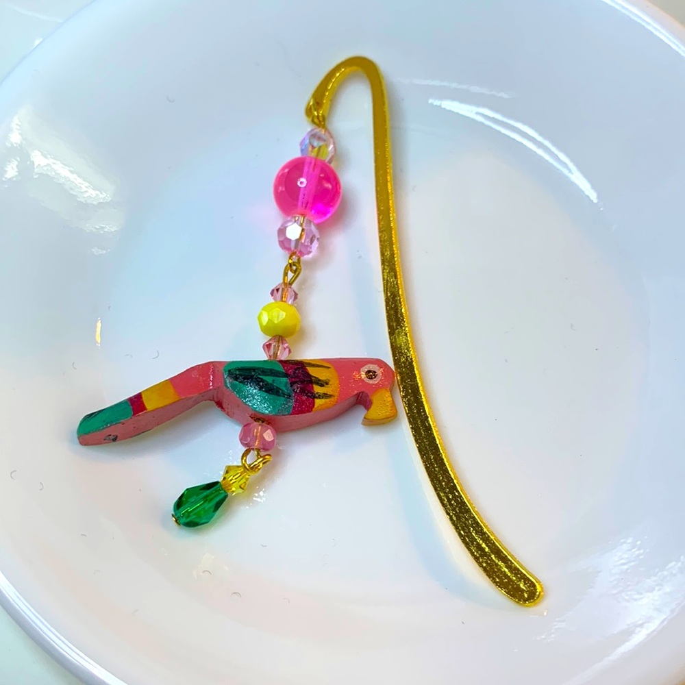 Handmade Colorful Bookmark With Wooden Parrot And Swarovski Crystal